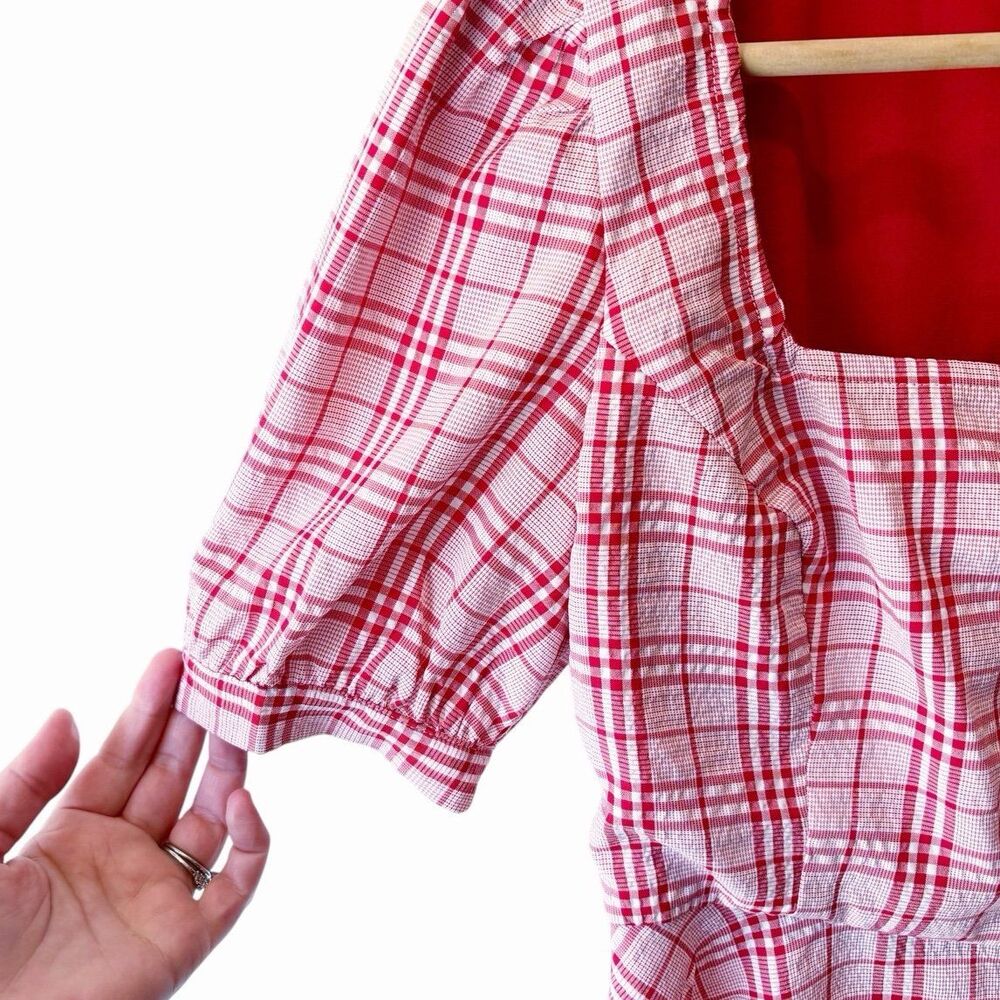 Lulus Red Plaid Peplum Top XS Cottagecore Puff Sleeve Milkmaid Coquette Blouse - Picture 6 of 11